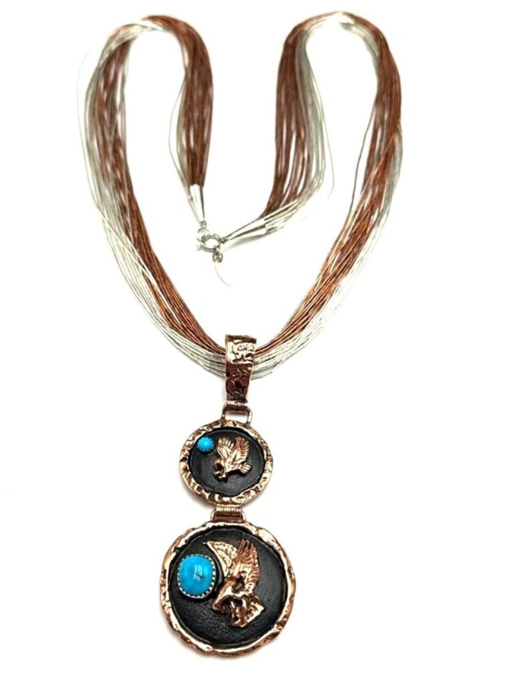 Native American Running Bear Turquoise Copper Sterling Eagle Necklace 48 Grams